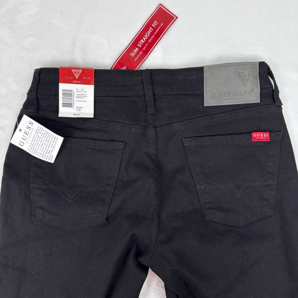 Guess Lincoln Slim Straight Fit Jeans Mens 30x30 Black Wash Stretch Red Tab New